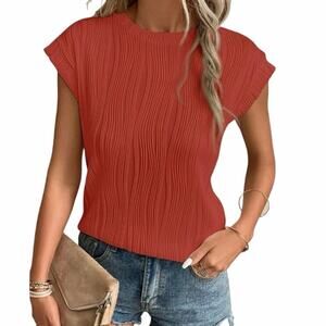 MOSHU Textured Cap Sleeve Top XL Orange Plissé Wavy Knit Blouse NWT